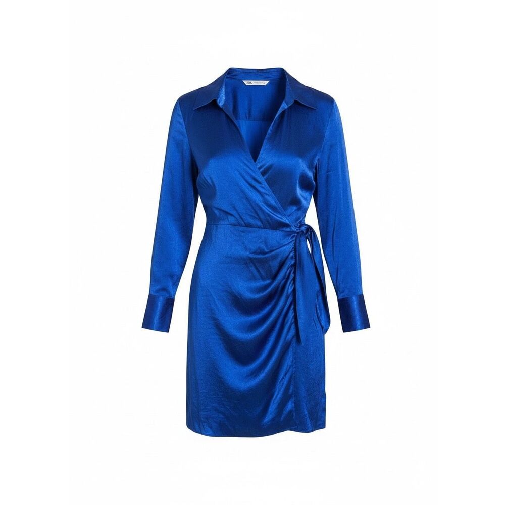 NWOT Zara Royal Blue Satin Wrap Mini Dress Long Sleeve V-Neck Size S